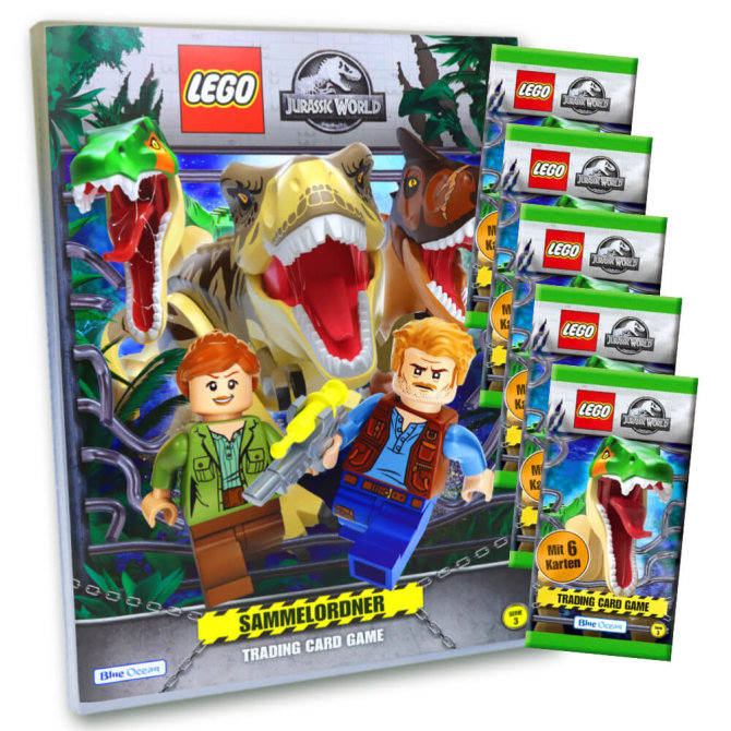 Lego Jurassic World 3 Karten - Sammelkarten Trading Cards (2023) - 1 Mappe + 5 Booster Sammelkarten