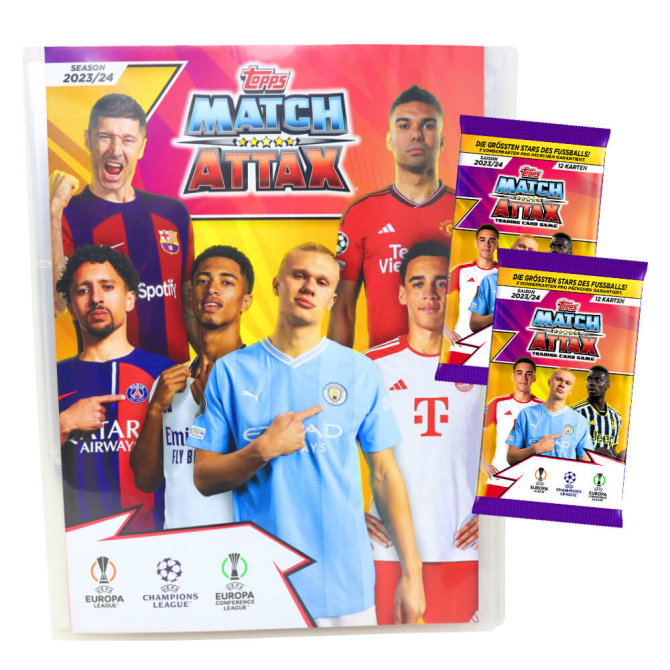 Topps Match Attax Karten Champions League 2023-2024 - 1 Mappe + 2 Booster Sammelkarten