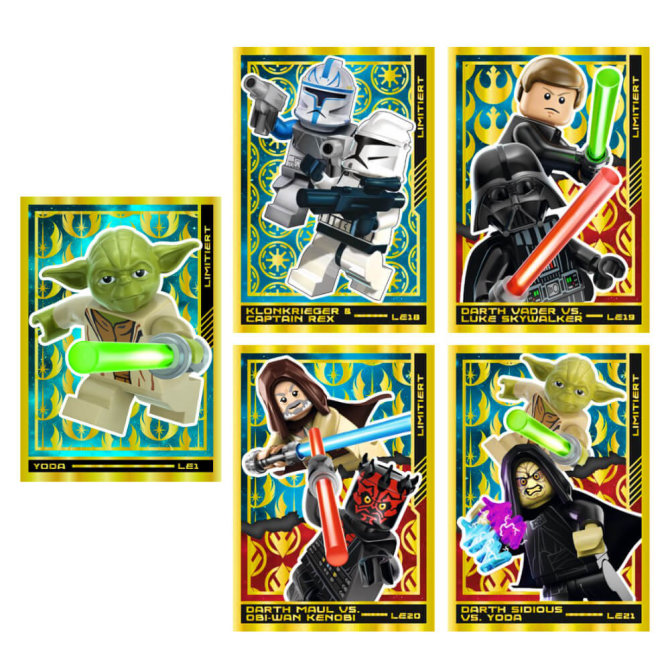 Lego Star Wars Karten Trading Cards Serie 4 - Die Macht Sammelkarten (2023) - LE18 + LE19 + LE20 + LE21 + LE1 Gold Karte