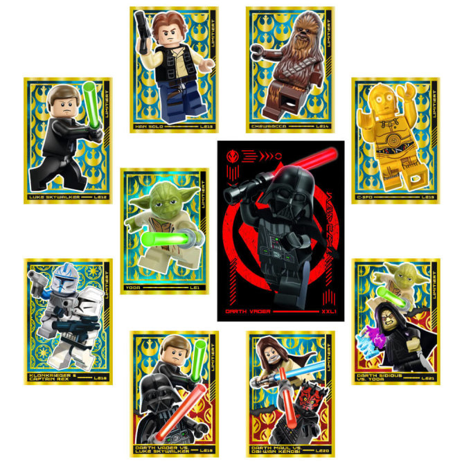 Lego Star Wars Karten Trading Cards Serie 4 - Die Macht Sammelkarten (2023) - LE12 + LE13 + LE14 + LE15 + LE18 + LE19 + LE20 + LE21 + LE1 + XXL1 Gold Karte
