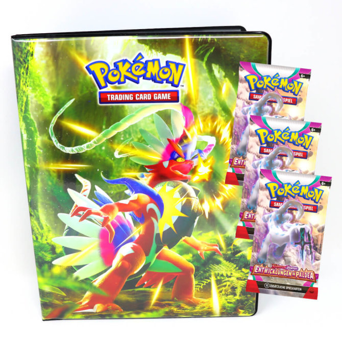 Pokemon Karten Karmesin & Purpur - Entwicklung in Paldea - 1 Mappe + 3 Booster Sammelkarten