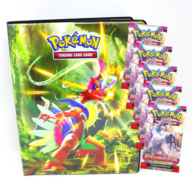 Pokemon Karten Karmesin & Purpur - Entwicklung in Paldea - 1 Mappe + 5 Booster Sammelkarten
