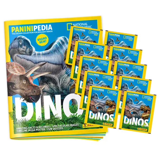 PaniniPedia Dinos Sticker - Dinosaurier Sammelsticker (2023) - 1 Album + 10 Tüten