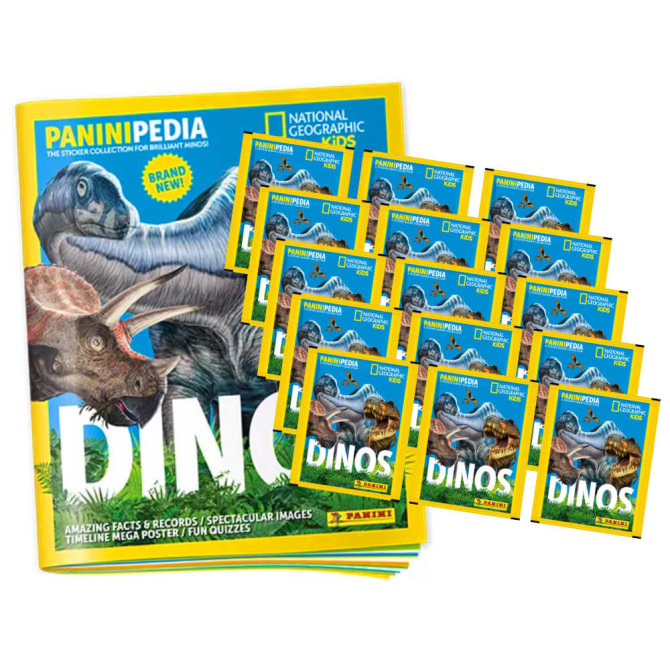 PaniniPedia Dinos Sticker - Dinosaurier Sammelsticker (2023) - 1 Album + 15 Tüten