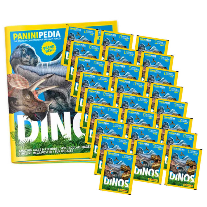 PaniniPedia Dinos Sticker - Dinosaurier Sammelsticker (2023) - 1 Album + 25 Tüten