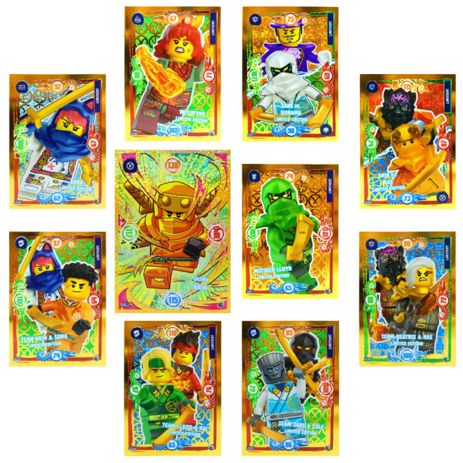 Lego Ninjago Karten Trading Cards Serie 9 - DRAGONS RISING (2024) - LE15 + LE16 + LE23 + LE24 + LE25 + LE26 + LE27 + LE28 + LE1 + XXL1 Gold Sammelkarten