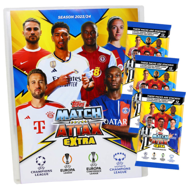 Topps Match Attax Karten Champions League Extra 2023-2024 - 1 Mappe + 3 Booster Sammelkarten